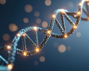 Wall Mural - Close-up of a beautiful DNA strand illuminated by soft lights, symbolizing genetics, science, and the essence of life.