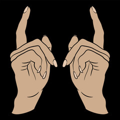 Poster - Two beautiful female hands with raised up index fingers. Showing distance gesture. Cartoon style. On black background.