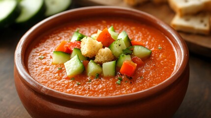 Classic gazpacho soup in a terracotta bowl, garnished with diced cucumber, bell pepper, and croutons