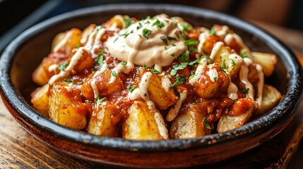 Patatas bravas drizzled with spicy tomato sauce and garlic aioli, served in a rustic ceramic dish