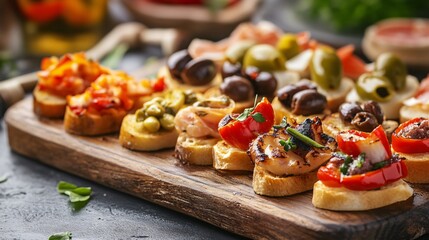 Pintxos arranged on a rustic wooden board, topped with a variety of ingredients like olives, anchovies, and peppers