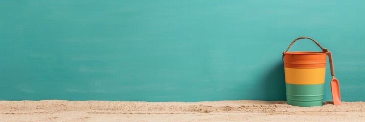 Vibrant Beach Day with Colorful Bucket and Spade Set on Golden Sand Against Turquoise Background - Minimalistic Composition with Copy Space