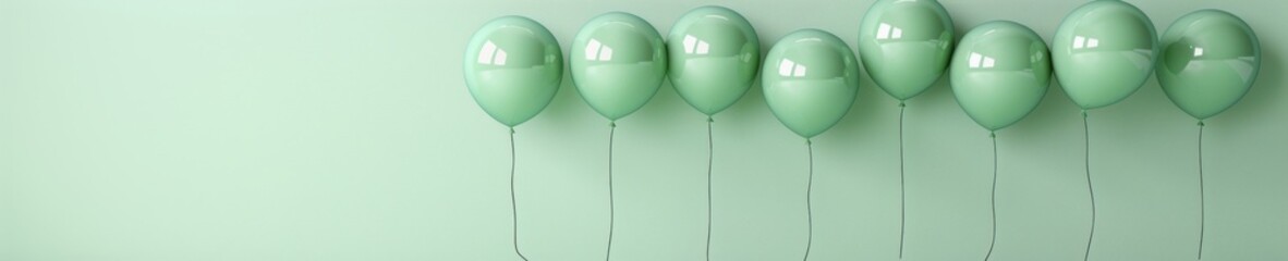 Fototapete - Minimalistic Elegance Seven Pastel Green Balloons Against a Pastel Green Background, Floating in a Simple and Monochrome Setting with Copy Space