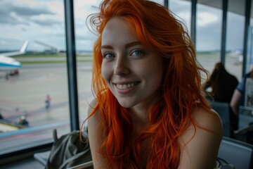 Smiling redhead woman at the airport awaiting her flight