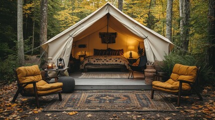 A cozy glamping tent with a plush bed, two chairs and a rug, set in a forest with autumn leaves on the ground.