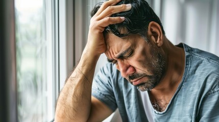 Desperate man dealing with stress and headache at home