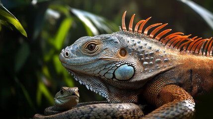 Iguana and snake animals on natural background