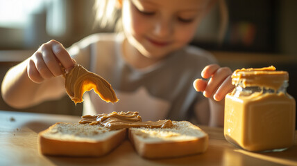 A child carefully spreading peanut butter on a slice of bread with a butter knife, the peanut butter jar is placed beside the bread. Ai generated