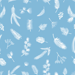 Poster - fir tree branches seamless pattern. simple white branch silhouettes, snowy effect. decorative fabric