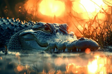 Sticker - Close-up of a Crocodile's Head with Sunlit Background