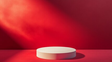 Poster - Minimalist Soft White Circular Podium on Dark Red Background with Gentle Shadows, Monochromatic Modern Aesthetic Showcasing Design or Product
