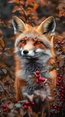 Wall Mural - a fox is standing in a field of red berries