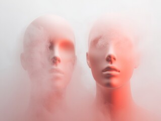Aufkleber - Surreal Abstract Art Blurred Mannequin Heads in Red Smoke with Soft White Background, Long Exposure and Wide-Angle Perspective, Symmetrical Composition