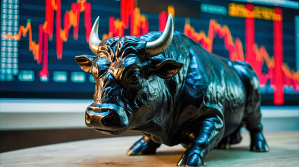 Poster - A digital bull representing a strong market trend with stock data in the background