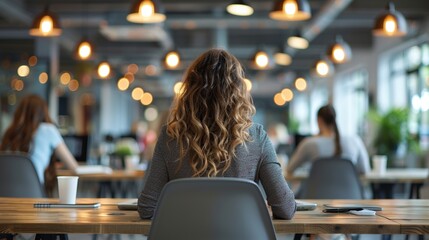 Wall Mural - Image of a modern office environment with people working at desks under warm lighting, focusing on a central character with curly hair and a casual gray outfit