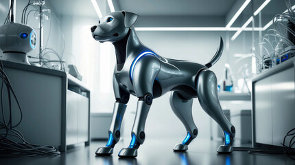 Poster - A sleek, silver robotic dog standing in a high-tech laboratory with glowing blue accents, representing advanced AI technology