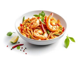 Delectable Pad Thai Noodles with Shrimp and Fresh Spring Rolls on Isolated White Background