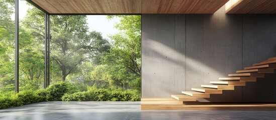 Poster - Modern contemporary loft style empty room featuring a nature view in 3D rendering showcasing wooden stair plank wall and ceiling alongside a blank concrete wall for copy space