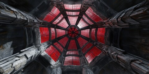 Poster - 3D rendering of a spider web shaped steel frame roof painted black and thatched with red tiles viewed from below