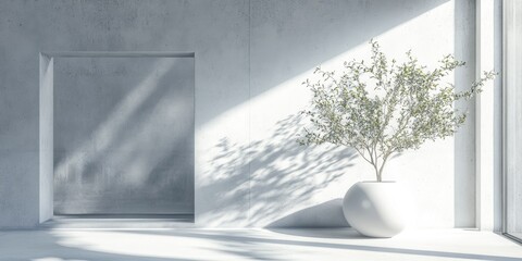 Poster - Abstract interior design featuring white and concrete elements with a window showcasing 3D rendering