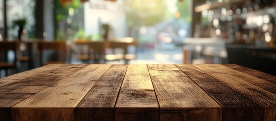 Wall Mural - 3D rendering of an empty wooden tabletop with an abstract blurred cafe backdrop