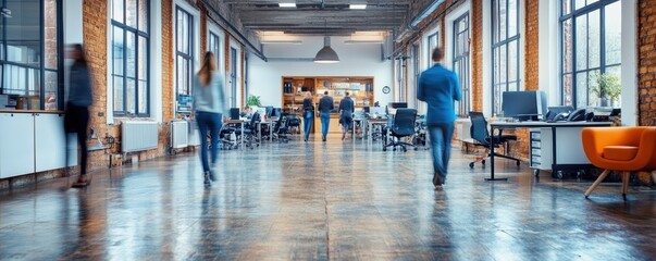 A bustling open-concept office space showcasing a modern, collaborative work environment with employees in motion and industrial design elements