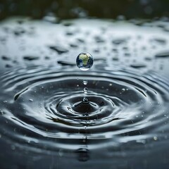 Wall Mural - Detailed Reflection of Planet Earth in a Drop of Water Showcasing Purity and Surface Tension