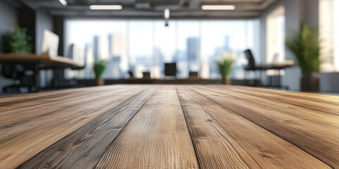 Poster - 3D rendering of an empty wooden table space platform with a blurred office or meeting room background for product display montage