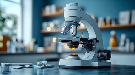 Poster - A modern digital trinocular microscope stands on a laboratory table, surrounded by glassware, ready for scientific research