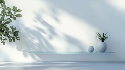 Poster - Minimalist white wall featuring a glass shelf for product display Unoccupied space showcasing tree leaf shadows 3D rendering of a room background with ample copy space