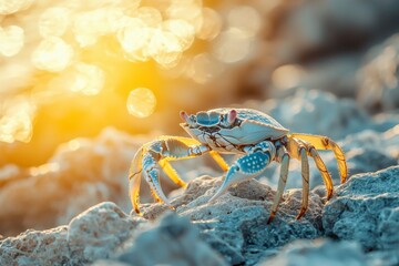 Wall Mural - Blue Crab on Rocky Beach at Sunset