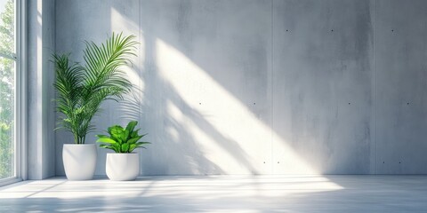 Poster - Abstract interior design featuring white and concrete elements with a window showcasing 3D rendering