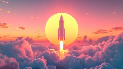 Poster - 3D cartoon illustration of a space rocket at sunset prior to launching into the cosmos Rockets and spacecraft are utilized to send humans into space and explore areas in the solar system that are
