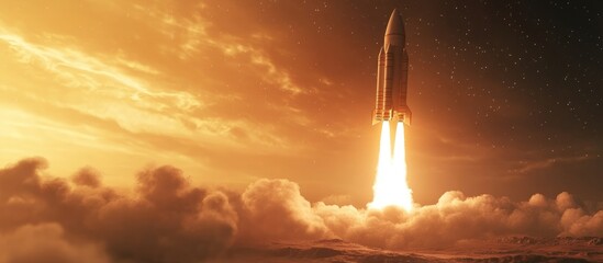 Poster - Space rocket shuttle takes off into a starry sky towards Mars in this 3D cartoon rendering The concept showcases exploration and colonization of the red planet featuring a spaceship with smoke and