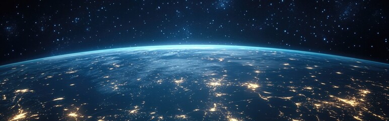 Poster - Cargo spaceship in orbit around Earth featuring city lights and space in the background rendered in 3D cartoon style