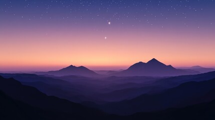 Fototapete - Twilight sky after sunset featuring two stars and a silhouette of mountains in a 3D cartoon rendering with a soft focus effect