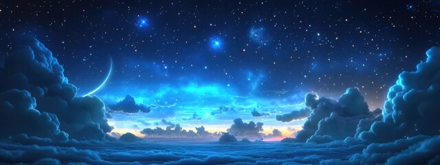 Poster - Night blue sky long exposure view with stars and mixed clouds in a 3D cartoon rendering