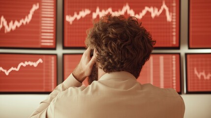 Poster - Young Male Stock Trader in Office During Market Crash, Stressful Morning with Red Graphs and Colleague Concern