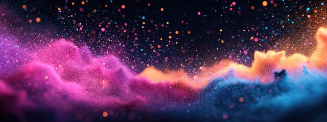 Poster - Abstract powder splatted background in a 3D cartoon rendering showcasing the freeze motion of exploding color powder and color glitter texture against a black backdrop