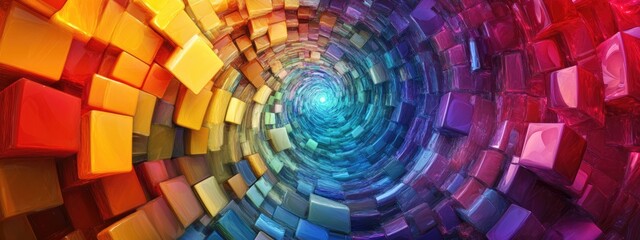 Poster - Background featuring a spiral of multi colored swirling shapes that twist towards the center created with 3D cartoon rendering of diverse colored cubes and squares enhanced by motion blur to form