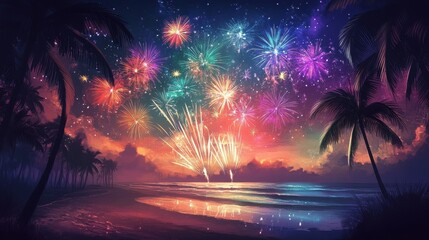 Wall Mural - Vibrant Fireworks Display over Tropical Beach at Sunset