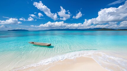 Wall Mural - Serene tropical beach with clear waters and lone boat