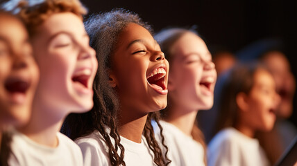 Sticker - Close-up of a group of students singing passionately in a school choir concert, with an energetic music teacher directing from the front of the stage. Ai generated