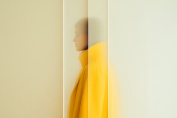 Aufkleber - Abstract Fashion Blurry Figure in Yellow Coat with Cream Background and Symmetrical Vertical Lines, High Definition, Smooth Tones, Long Exposure