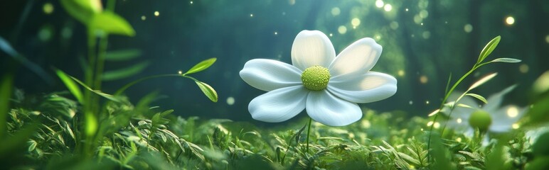 3D cartoon depiction of a white cosmos flower surrounded by greenery