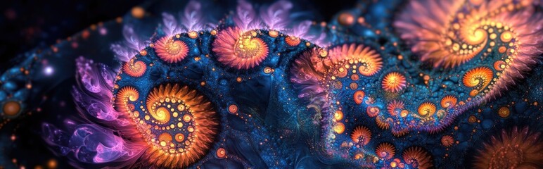 Poster - Abstract fractal patterns and shapes in a 3D cartoon rendering Dynamic flowing natural forms featuring flowers and spirals create a mysterious psychedelic relaxation pattern