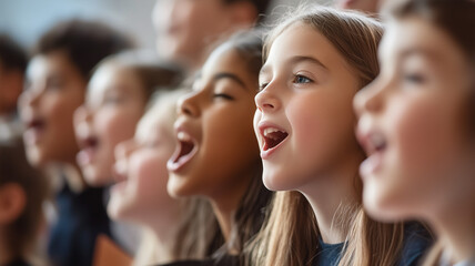 Sticker - Close-up of a group of students singing passionately in a school choir concert, with an energetic music teacher directing from the front of the stage. Ai generated