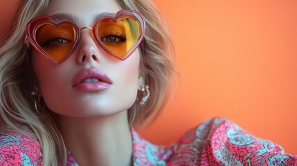 fashion portrait of woman in vibrant patterned jacket and heartshaped sunglasses bold colors and retro styling create playful eyecatching composition