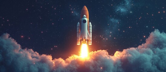 Poster - Space rocket shuttle takes off into a starry sky exploring and settling on the red planet 3D cartoon rendering of a spaceship lifting off with smoke and blast