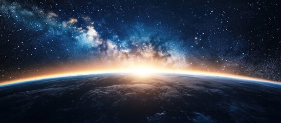 Wall Mural - Rendering of a landscape featuring the Milky Way galaxy in a 3D cartoon style showcasing an Earth view from space with the Milky Way